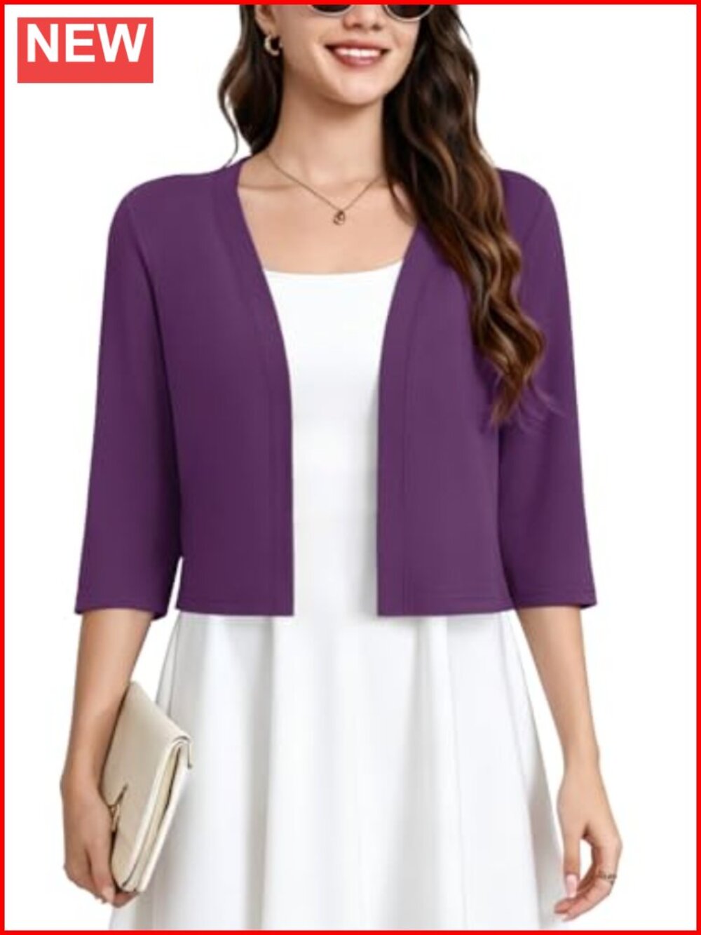 Women's Lightweight Cropped Shrug Open Front Cardigan 3/4 Sleeve